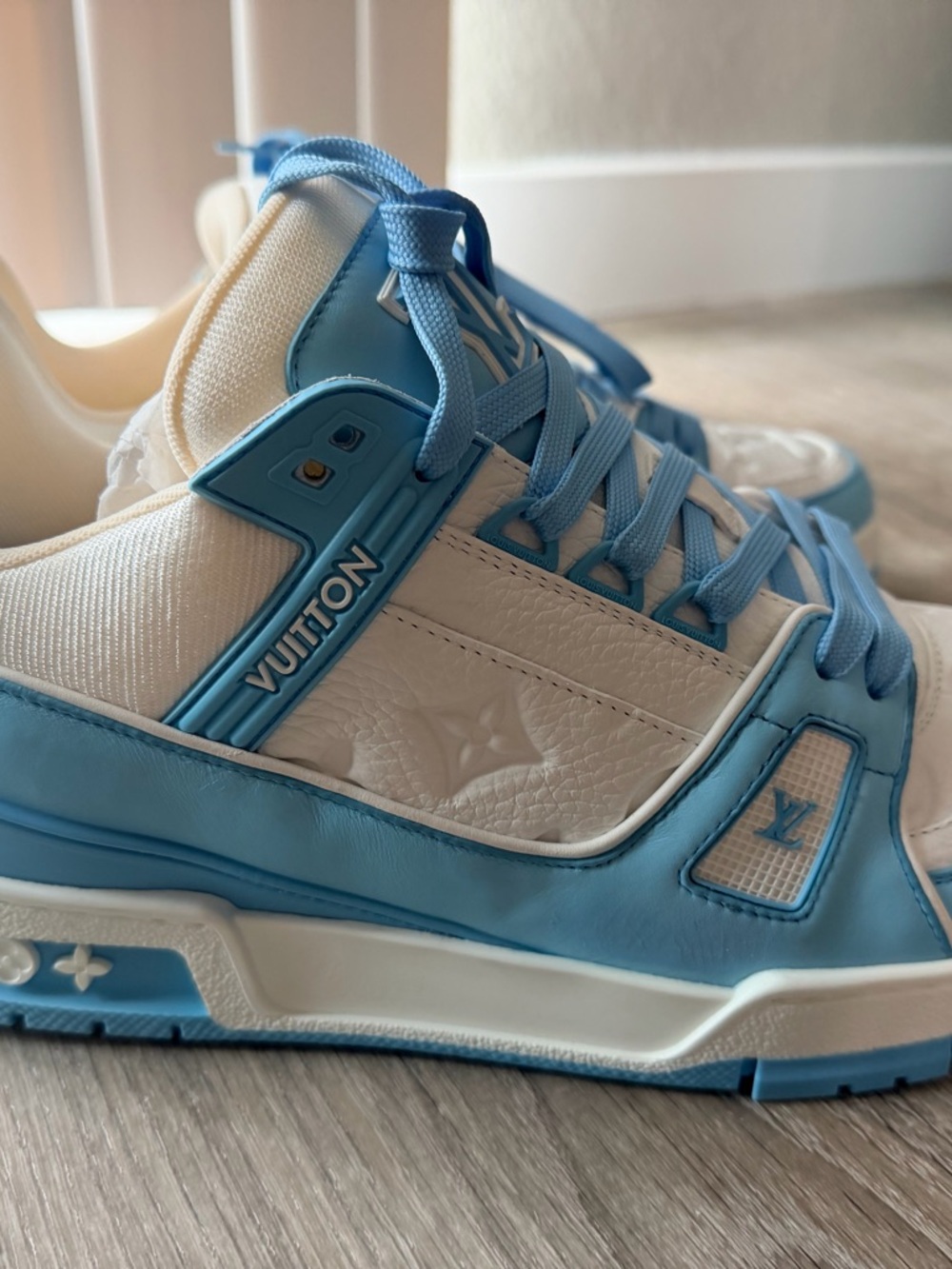 Louis Vuitton White and Sky Blue Low-Top Sneakers
